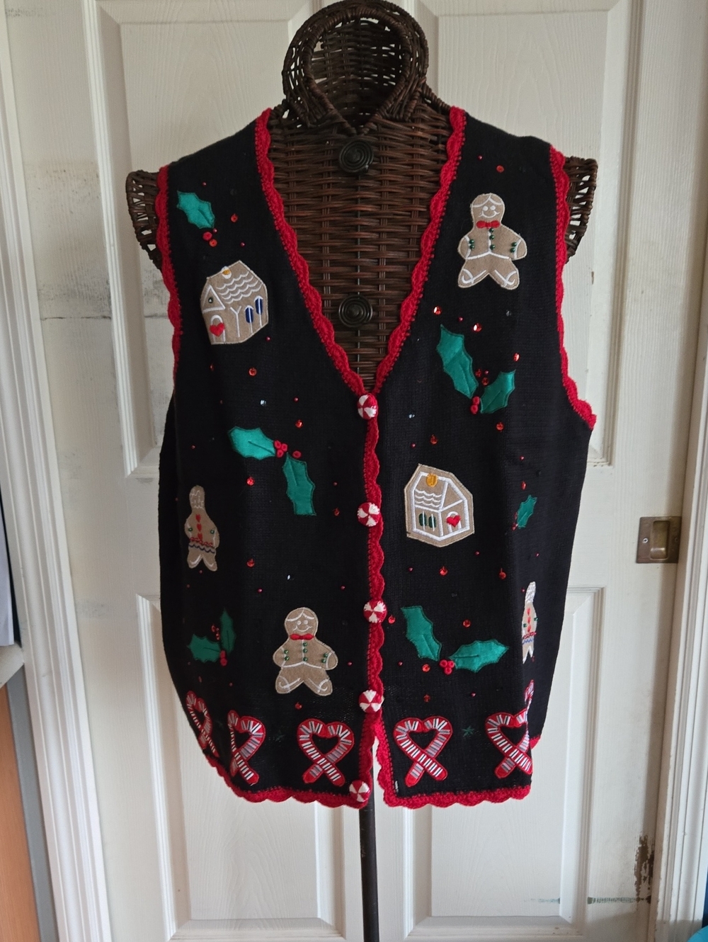 Basic Editions Black Holiday Sweater Vest with Red Trim and Candy Accents